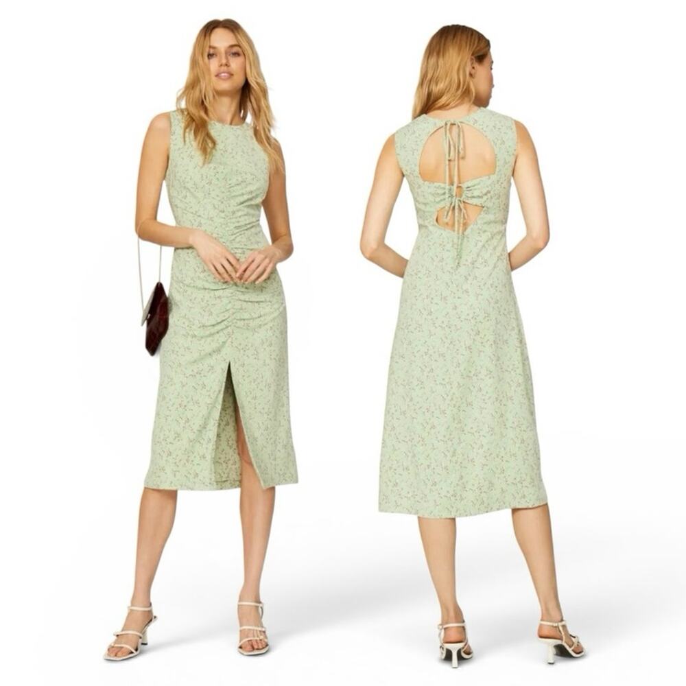 LOVE, WHIT BY WHITNEY PORT Midi Dress Green Floral Ruched size small